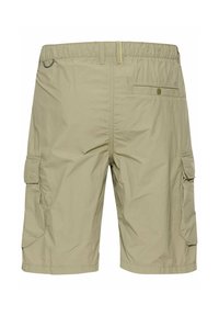 Khaki cargoshorts van lichtgewicht stof, met een elastische tailleband, zijvakken, en een achterzak met knoopsluiting.