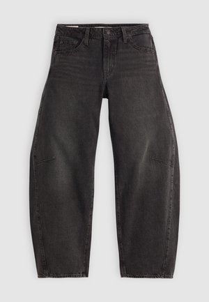 Svarte denimjeans med avslappet passform, som har fem lommer, knappelukking og subtil falming. Stoffet har en glatt og robust tekstur.
