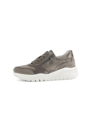 Gray suede sneaker with a white rubber sole. Features a lace-up front, side zipper, and textured accents on the upper.