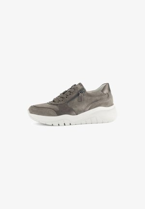 Gray suede sneaker with a white rubber sole. Features a lace-up front, side zipper, and textured accents on the upper.