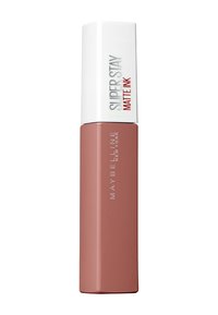 Rouge à lèvres liquide Maybelline Super Stay Matte Ink dans un tube rectangulaire, mauve mat avec un capuchon blanc brillant et une marque imprimée en noir et rouge.