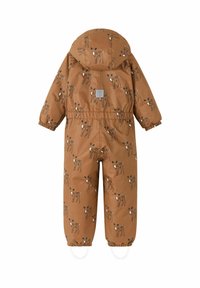 Brown waterproof snowsuit with a deer pattern, featuring a hood, elastic cuffs, and foot straps. Smooth texture and durable fabric.
