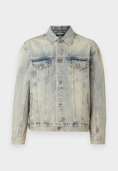 Light blue denim jacket featuring silver cross embellishments, two chest pockets, button closure, and a classic collar design.