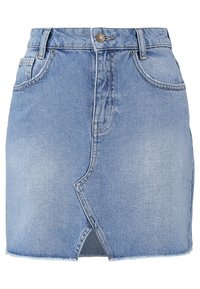 Jupe en jean bleu clair, avec une fente frontale, cinq poches et des passants pour ceinture. L'ourlet brut apporte une touche décontractée au design.