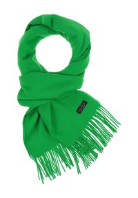 Écharpe verte en tissu doux, avec des bords frangés et une étiquette logo. L'écharpe est enroulée, mettant en valeur sa couleur vive et sa texture lisse.