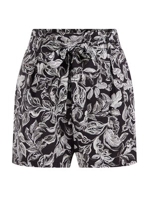 Zwarte shorts met witte en grijze bladpatronen, met een hoge taille en een stoffen riem die vooraan in een strik is gebonden.