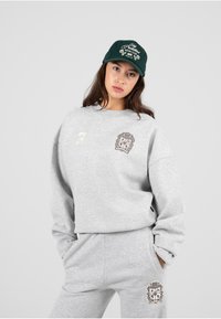 Set di felpa grigia e pantaloni della tuta. La felpa presenta un logo e il numero 3 in beige. Cappellino verde con testo e grafiche ricamate.