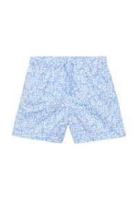 Světle modré plavky s bílým vzorem listů, elastickým pasem s nastavovací šňůrkou a jemně texturovanou tkaninou.