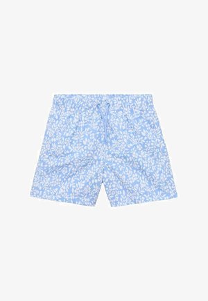 Světle modré plavky s bílým vzorem listů, elastickým pasem s nastavovací šňůrkou a jemně texturovanou tkaninou.