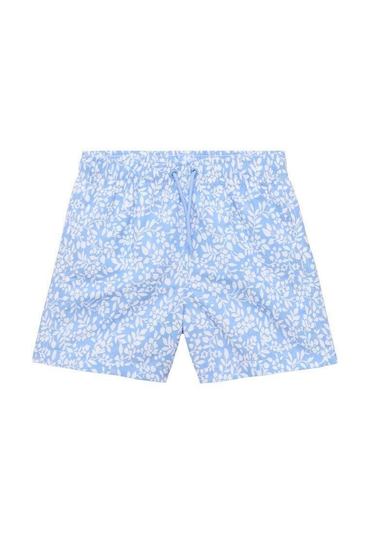 Světle modré plavky s bílým vzorem listů, elastickým pasem s nastavovací šňůrkou a jemně texturovanou tkaninou.