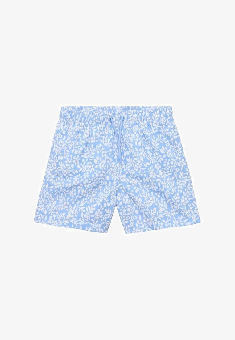 Světle modré plavky s bílým vzorem listů, elastickým pasem s nastavovací šňůrkou a jemně texturovanou tkaninou.