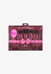 Set di 10 strumenti per il trucco in una confezione regalo. Caratterizzato da pennelli rosa e oro rosa, una spugna per il trucco rosa e una borsa coordinata.