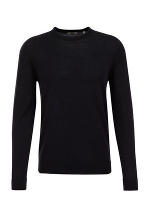 Črn pleten pulover s krožnim izrezom, dolgimi rokavi ter rebrastimi manšetami in robom. Narejen iz mehkega, lahkega materiala z gladko teksturo.