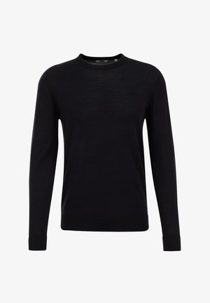 Črn pleten pulover s krožnim izrezom, dolgimi rokavi ter rebrastimi manšetami in robom. Narejen iz mehkega, lahkega materiala z gladko teksturo.