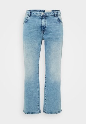 Light blue denim jeans with a straight cut, featuring a button closure, five pockets, and subtle fading at the knees.