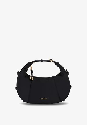 Black nylon handbag with a rounded shape, featuring a gold zipper and hardware. Includes a decorative tassel detail and brand logo.