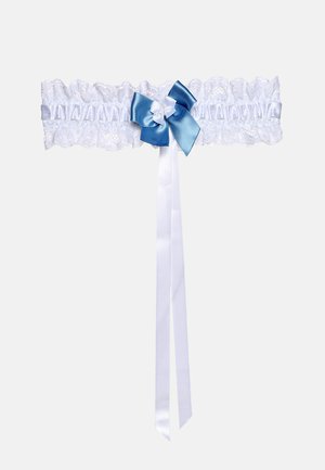 White lace garter with a ruffled edge, featuring a central blue satin bow and white silk ribbons hanging down. Detailed and textured design.
