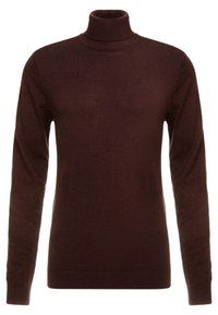 Ciemnobrązowy sweter z długim rękawem i kołnierzem typu golf, z prążkowanymi mankietami i dołem, wyeksponowany na jednolitym białym tle.