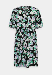 Vestido preto com um padrão floral em roxo e verde, com mangas curtas e uma cintura franzida, incluindo um fecho nas costas com laço.