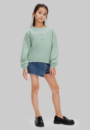 Ung pige stående iført en lysegrøn CK-sweatshirt, asymmetrisk denimnederdel og sorte loafers, foran en ensfarvet grå baggrund.