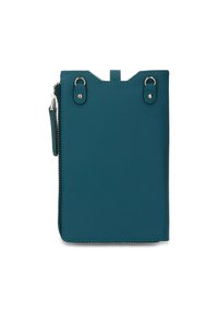 Teal leather wallet with a smooth texture, featuring a top zipper closure, two metal loops, and a small side zipper pull.
