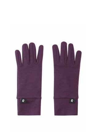 Pair of purple knitted gloves with wrist cuffs and small black tags on each cuff, laid flat with fingers extended.