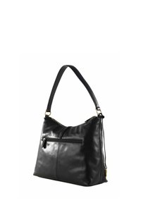 Sac à épaule en cuir noir avec une forme incurvée, des accents en matériel doré, une fermeture éclair supérieure et une poche zippée à l'avant pour plus de fonctionnalité.