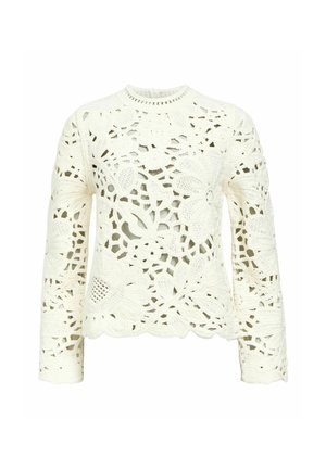 Pull en crochet de couleur écrue avec des motifs floraux. Manches longues, col rond et ourlet en forme de vagues. Fabriqué en matériau léger et texturé.