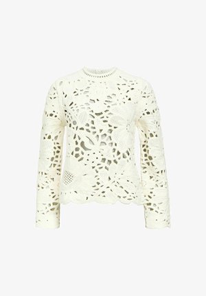Crochet sweater in off-white with floral patterns. Long sleeves, round neckline, and scalloped hem. Made with textured, lightweight material.
