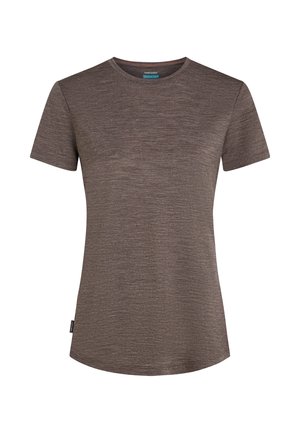 Herren-T-Shirt mit kurzen Ärmeln in braun meliert, Rundhalsausschnitt, leicht geschwungenem Saum und kleinem Seitenschild.