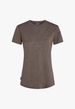 Herren-T-Shirt mit kurzen Ärmeln in braun meliert, Rundhalsausschnitt, leicht geschwungenem Saum und kleinem Seitenschild.