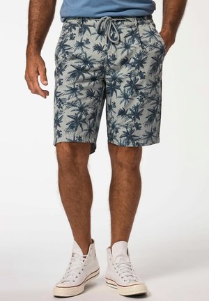 Men's shorts in light gray with a blue palm leaf pattern, featuring an elastic waistband and drawstring. Worn with white high-top sneakers.