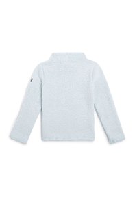 Pull-over en polaire bleu clair avec une surface texturée, un col haut et des manches longues. Présente un logo sur la manche gauche.