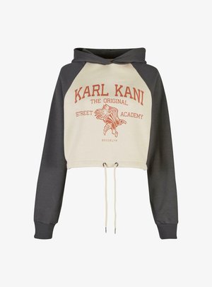 Geknipte hoodie met een crèmekleurige voorkant en grijze mouwen. Beschikt over een trekkoord onderaan, een bedrukt logo en een vogelafbeelding in roestkleur.