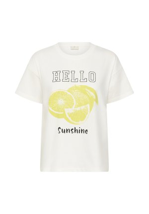 Biele tričko s krátkym rukávom, s grafickým motívom žltej citróny a čiernym textom "HELLO sunshine" na prednej strane.