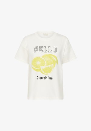 Biele tričko s krátkym rukávom, s grafickým motívom žltej citróny a čiernym textom "HELLO sunshine" na prednej strane.