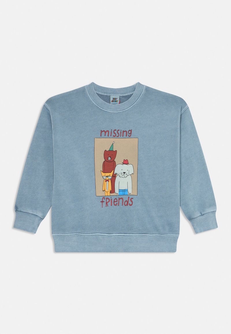 Blaues Baumwoll-Sweatshirt mit einer Grafik von drei Cartoon-Tieren und dem Text "vermisste Freunde" in Rot. Rippbündchen und Saum.