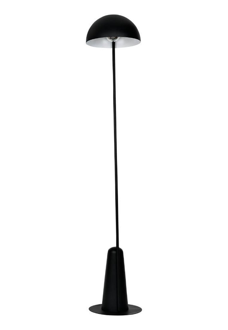 Schwarze Stehlampe mit konischem Fuß und schlankem Gestell, ausgestattet mit einem kuppelartigen Schirm mit weißer Innenseite zur Lichtreflexion.