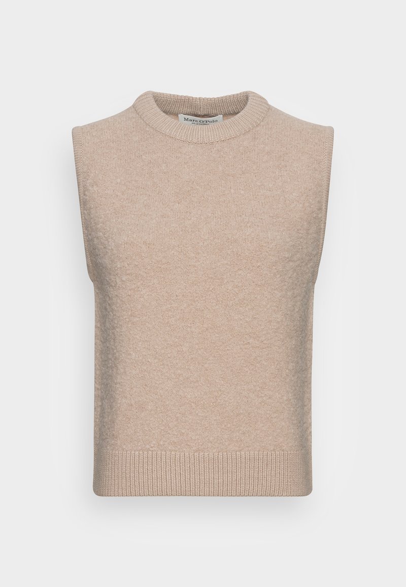 Gilet en tricot beige sans manches avec col rond côtelé, emmanchures et ourlet, présenté à plat sur un fond uni.