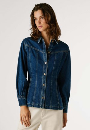 Denim button-up jacket in dark blue, featuring a tailored fit, long puffy sleeves, and contrasting stitching. Metallic buttons add detailing.