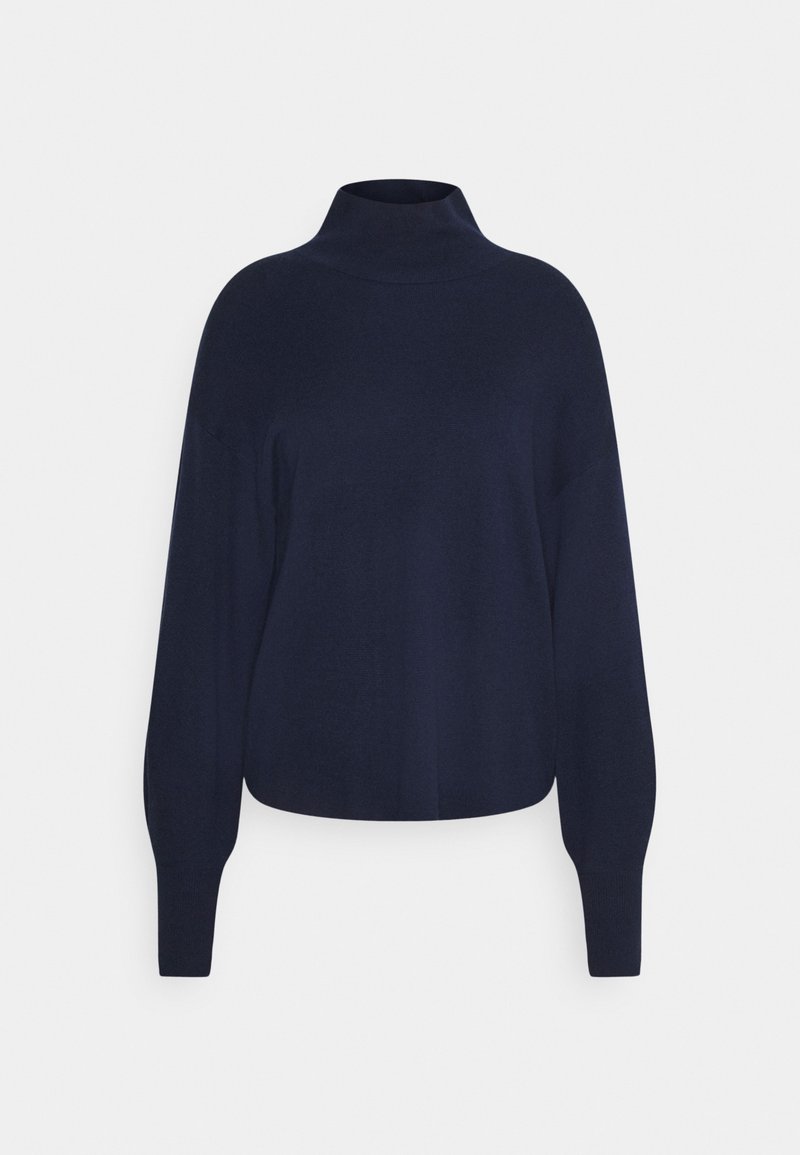 Pull bleu marine à manches longues avec col montant et poignets côtelés, présenté sur un fond neutre.