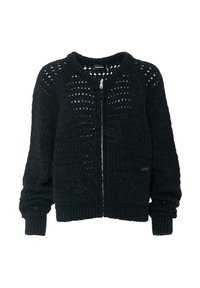 Cardigan negru din tricot cu fermoar în față, având un model texturat, manșete rigelate și două buzunare frontale. Gât rotund și o croială lejeră.
