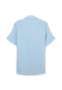 Camicia azzurro chiaro a maniche corte realizzata in tessuto texturizzato, con colletto classico e orlo dritto, dal taglio comodo.