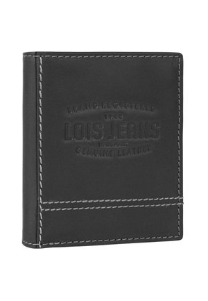Cartera de cuero negra con logo de marca en relieve, costuras en gris y un diseño elegante. Cuenta con múltiples ranuras para tarjetas y una superficie texturizada.