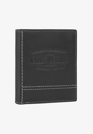 Cartera de cuero negra con logo de marca en relieve, costuras en gris y un diseño elegante. Cuenta con múltiples ranuras para tarjetas y una superficie texturizada.