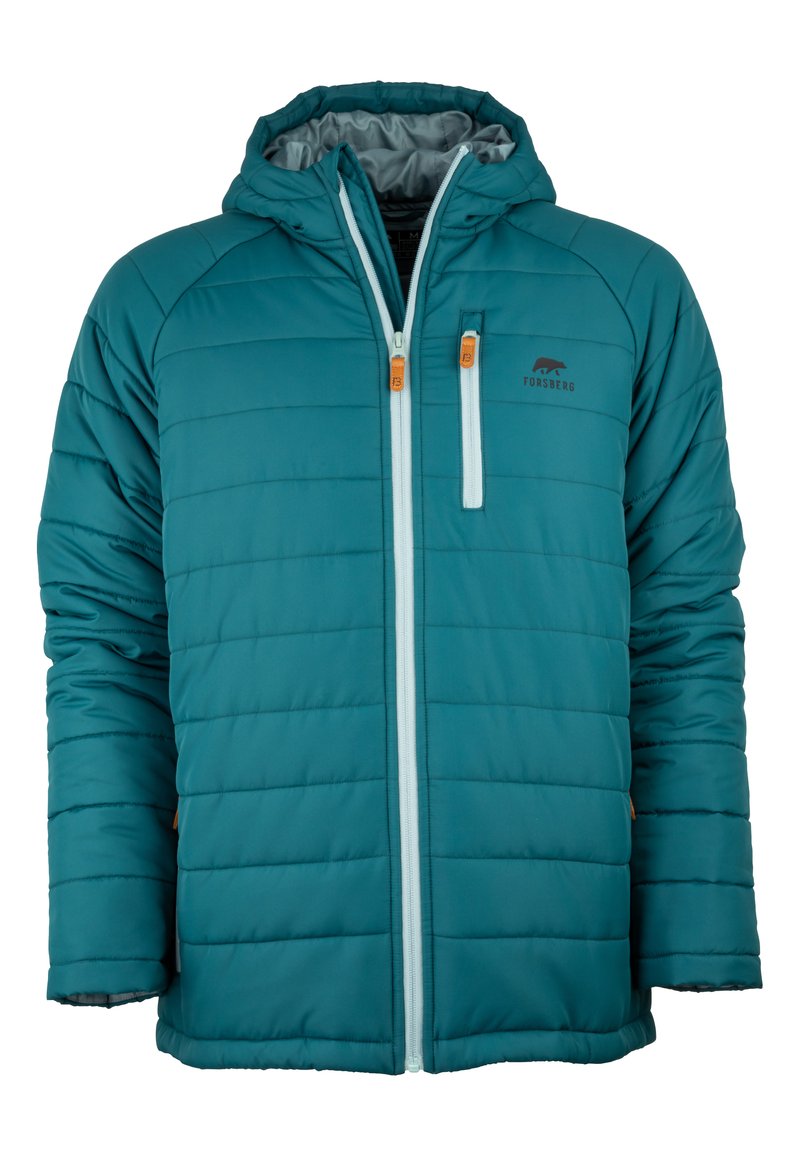 Giacca puffer isolata color teal con cappuccio, design trapuntato, chiusura frontale con zip, cerniere di contrasto azzurro chiaro e logo sul petto.