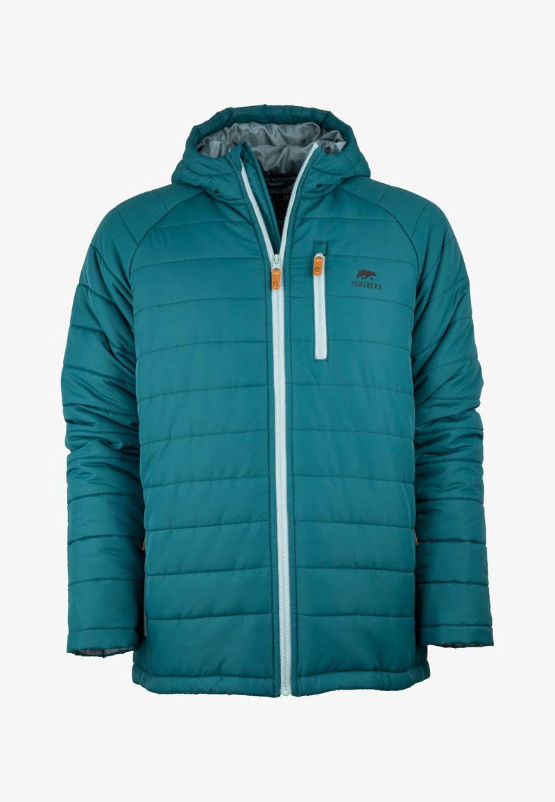 Giacca puffer isolata color teal con cappuccio, design trapuntato, chiusura frontale con zip, cerniere di contrasto azzurro chiaro e logo sul petto.