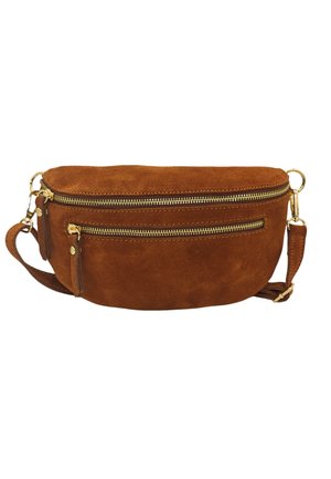 Sac bandoulière en daim marron avec deux compartiments zippés, accents en métal doré et une bandoulière amovible. Forme arrondie avec une texture douce.