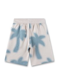Leichte Shorts in Creme mit einem blauen Palmenmuster, elastischem Bund und weicher Textur. Entwickelt für Komfort und Freizeitkleidung.