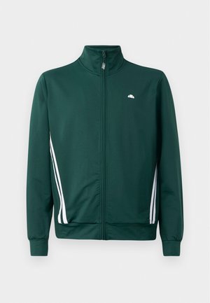 Casaco de treino verde com fecho éclair e gola alta, com riscas brancas nas laterais e logótipo no peito. Tecido suave com um design leve e desportivo.